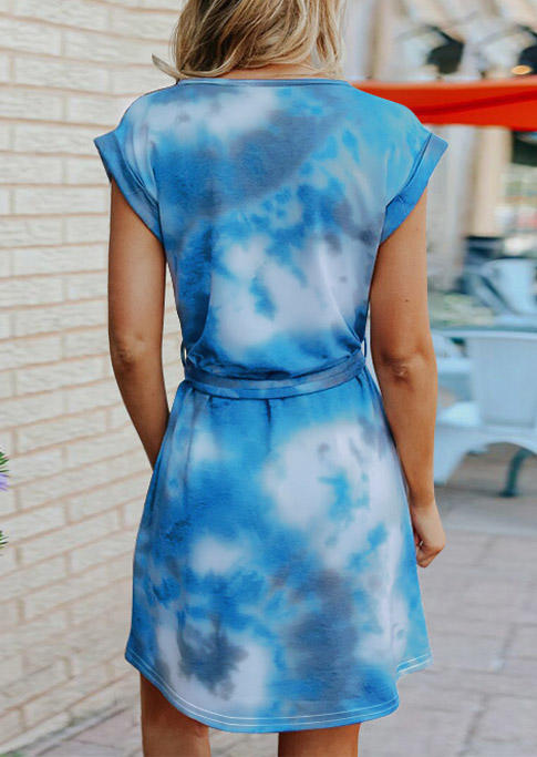 Tie Dye V-Neck Mini Dress - Blue
