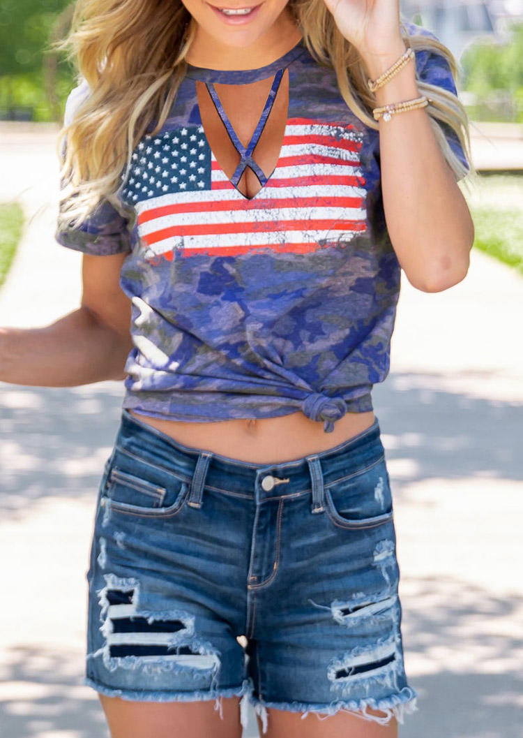 

American Flag Camouflage Hollow Out Criss-Cross Blouse, 531347