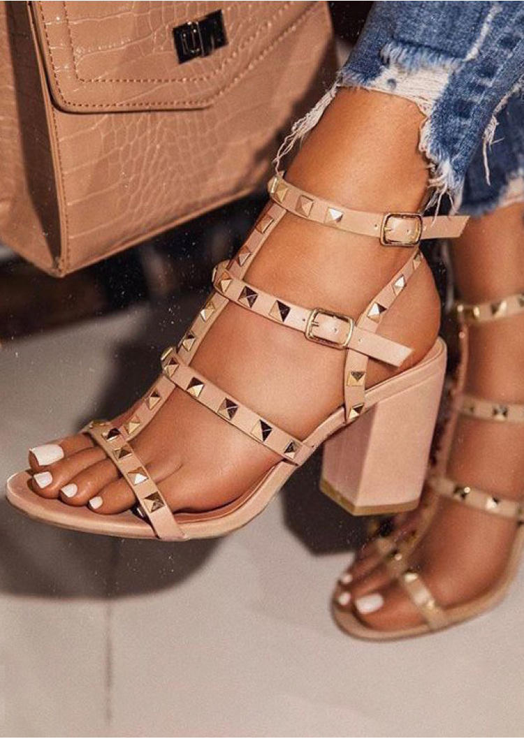 

Rivet Buckle Strap Heeled Sandals - Apricot, SCM000499