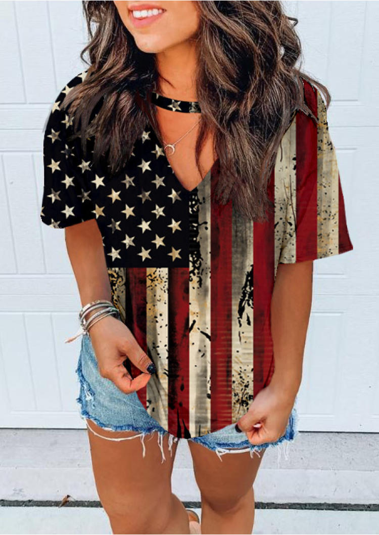 

American Flag Star Hollow Out Blouse, Multicolor, SCM000540