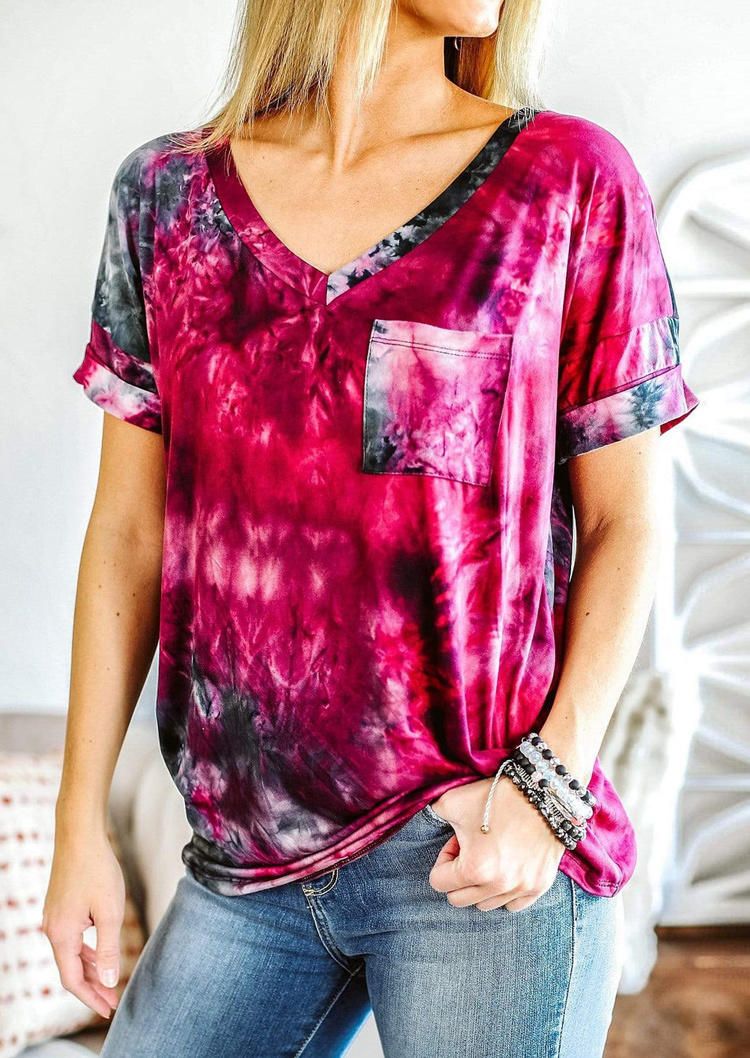 

Tie Dye Pocket V-Neck Blouse, Multicolor, SCM000712