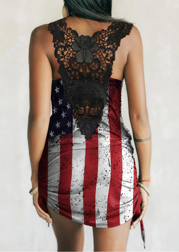 

Lace Splicing American Flag Drawstring Mini Dress, Multicolor, SCM000718