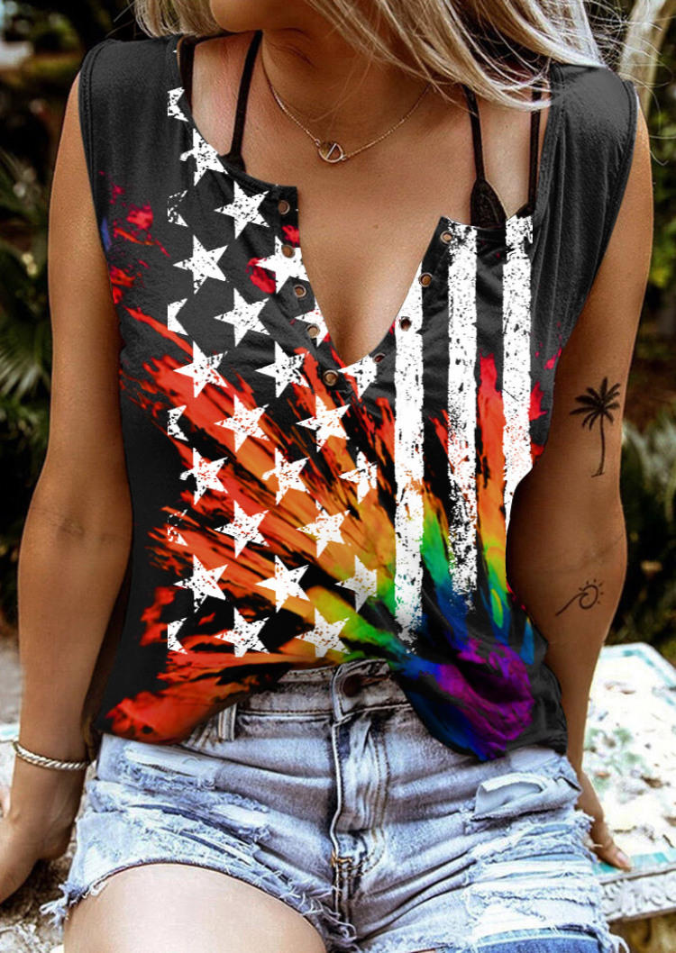 

American Flag Tie Dye Notched Neck Tank without Black Camisole, Multicolor, SCM000745