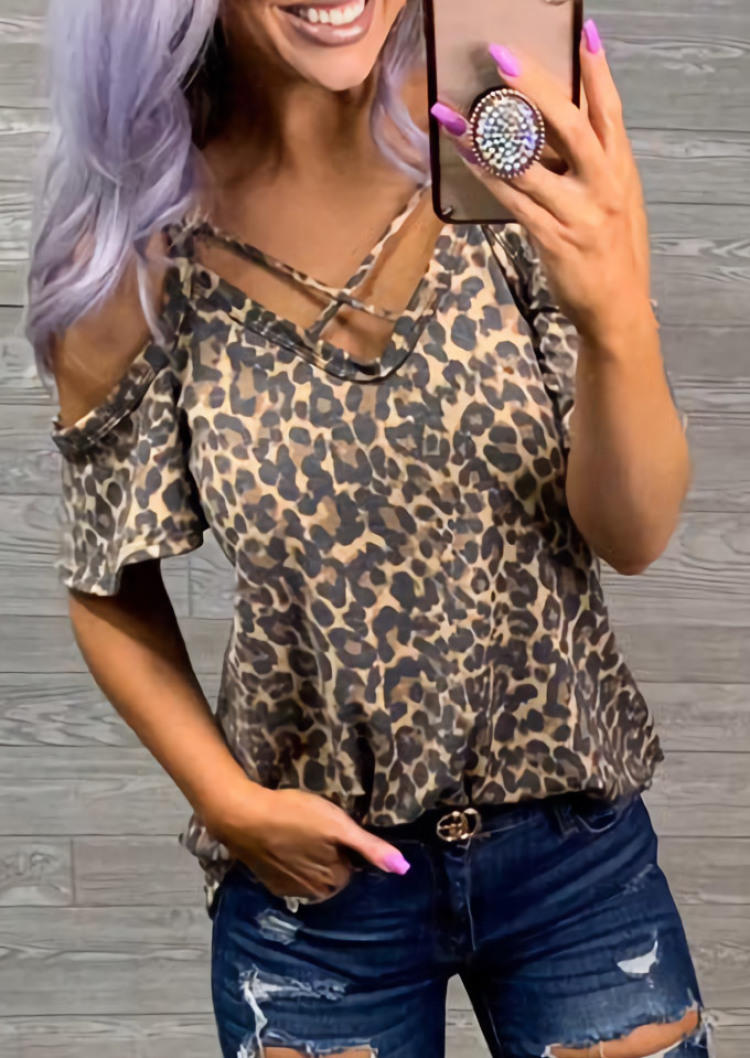 

Leopard Criss-Cross Cold Shoulder Blouse, Multicolor, SCM000748