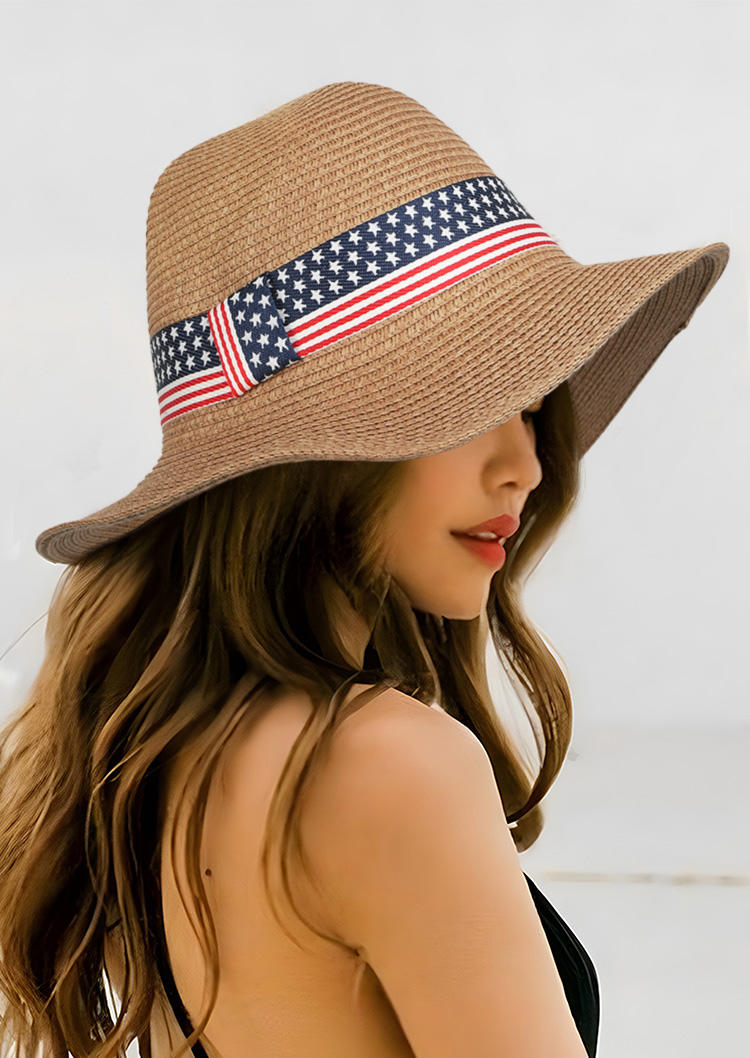 

American Flag Sun Visor Wide Brim Straw Hat, Khaki, 531299