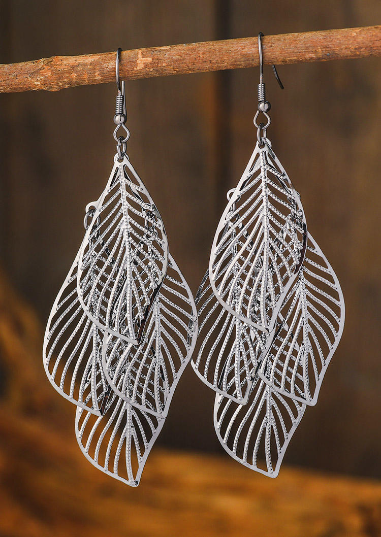

Hollow Out Leaf Long Tassel Earrings, Silver, 531312
