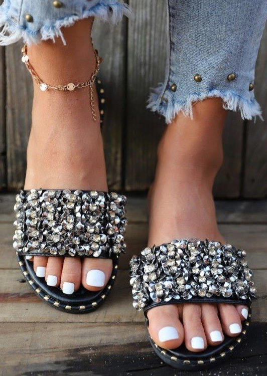 

Beading Flat Casual Slippers - Black, 531341