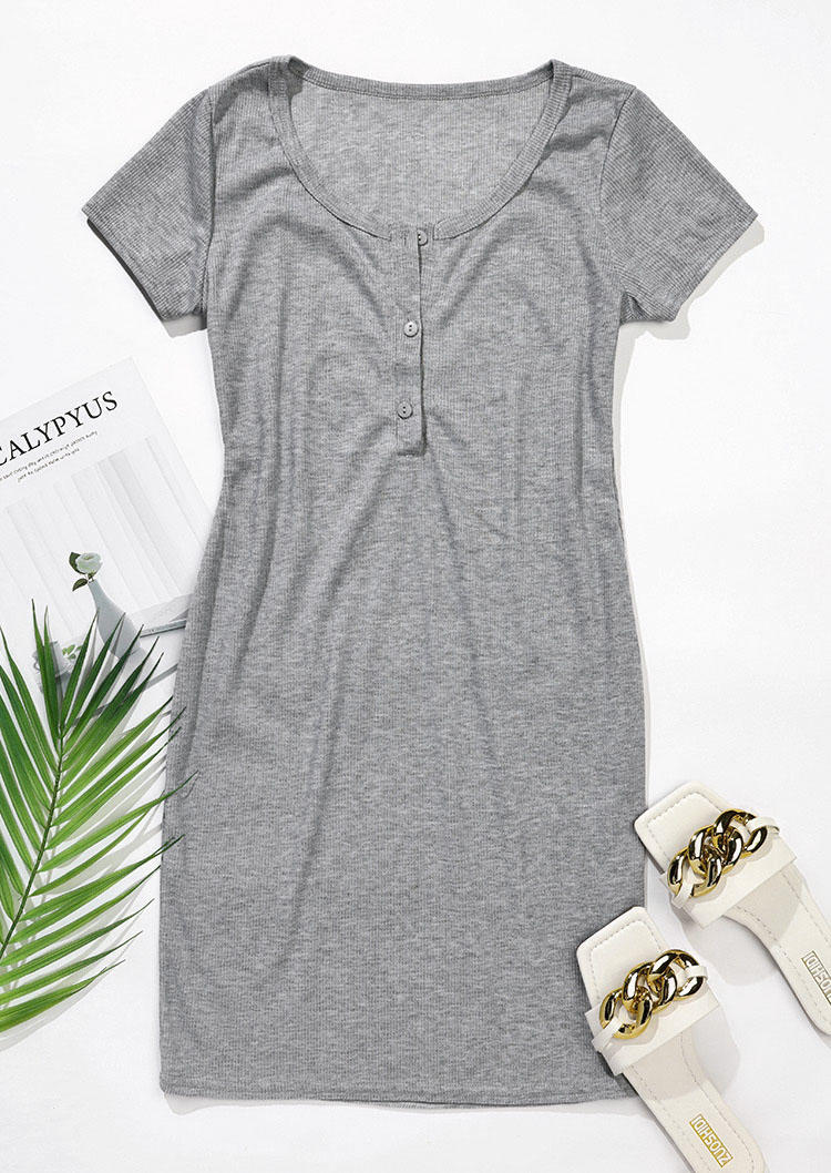 Button Short Sleeve Bodycon Dress - Gray