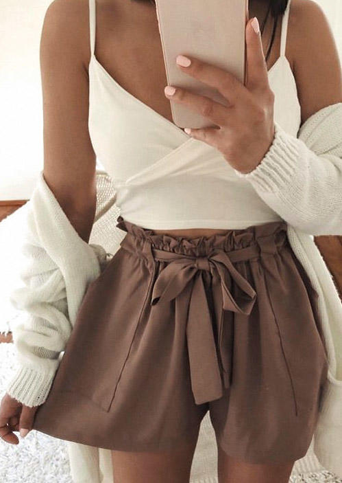 Pocket Ruffled Elastic Waist Shorts - Coffee