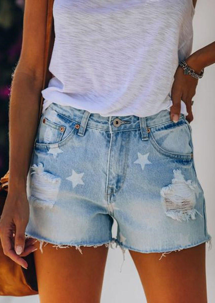 

Star Pocket Ripped Hole Denim Shorts - Light Blue, 531430