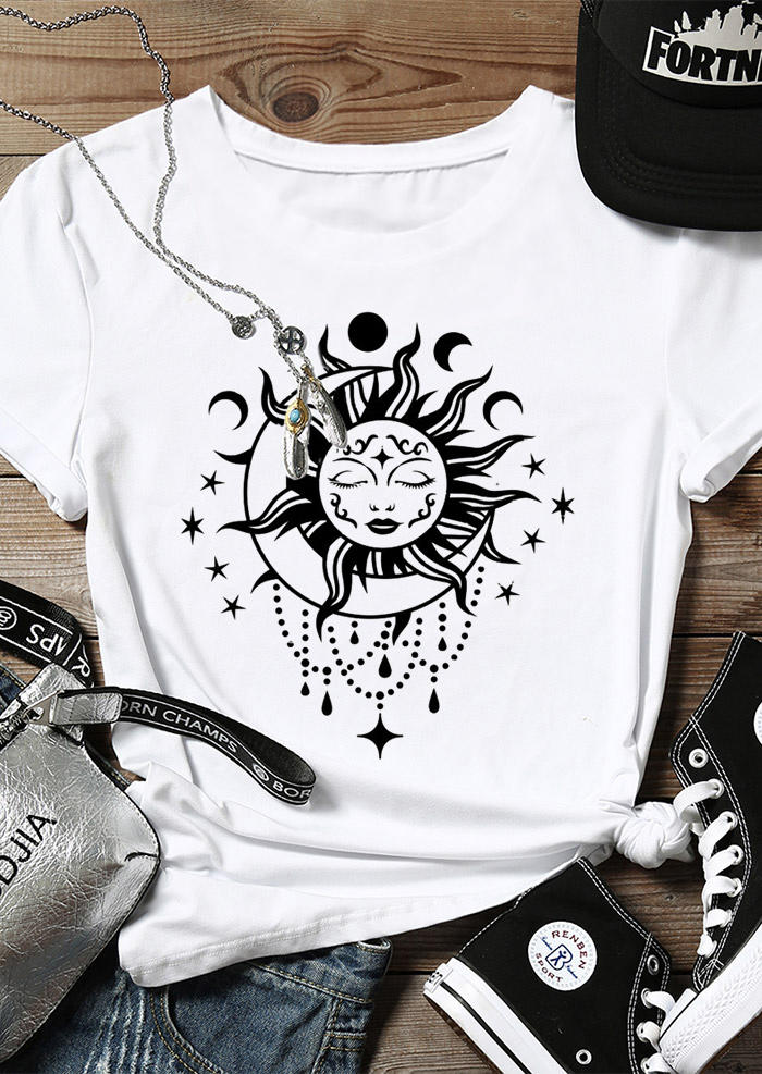 

Sun Moon Star O-Neck T-Shirt Tee - White, 531442
