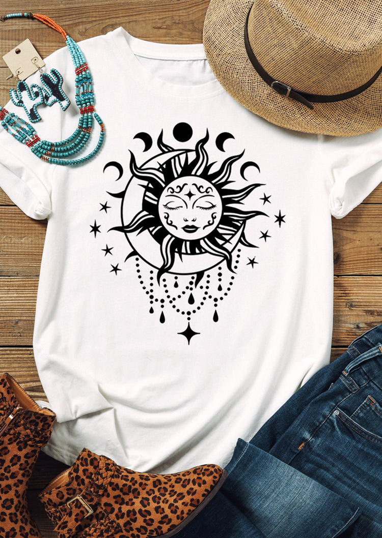 Sun Moon Star O-Neck T-Shirt Tee - White