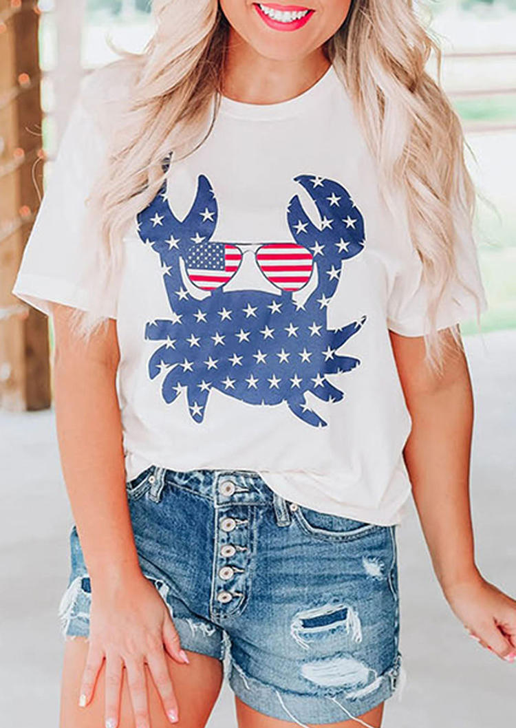 

Crab Glasses American Flag Star T-Shirt Tee - White, 531443