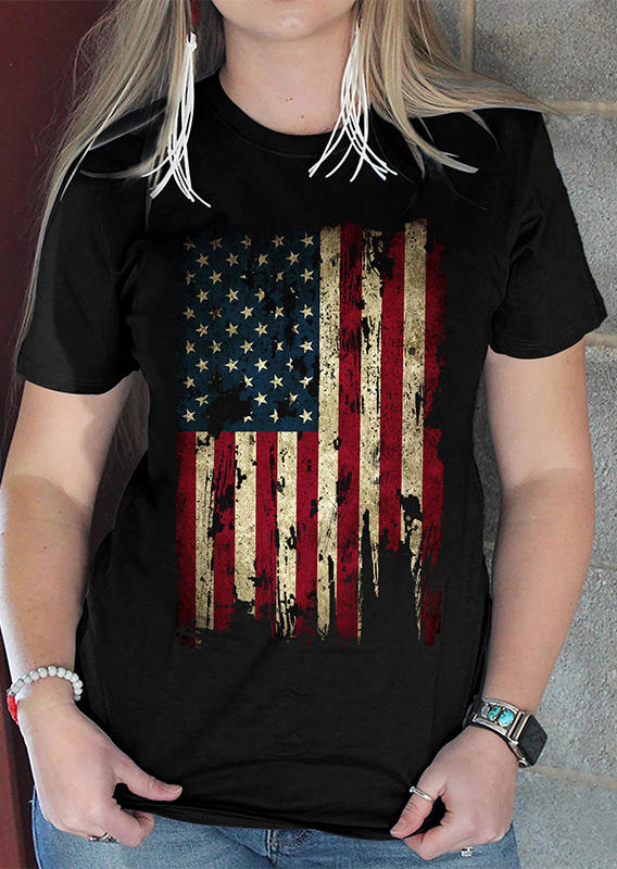 

American Flag O-Neck T-Shirt Tee - Black, 531444