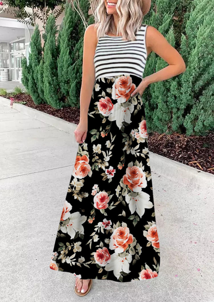 

Striped Floral Sleeveless Maxi Dress, Black, SCM000364