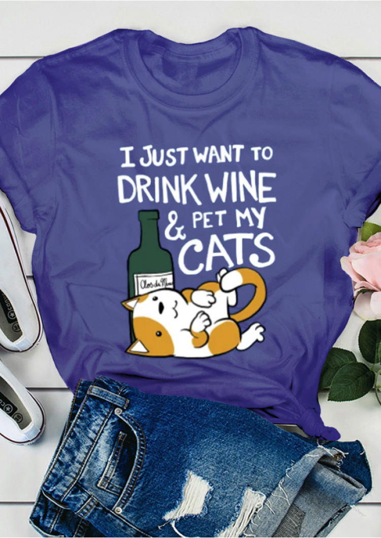 I Just Want To Drink Wine & Pet My Cats T-Shirt Tee - Purple