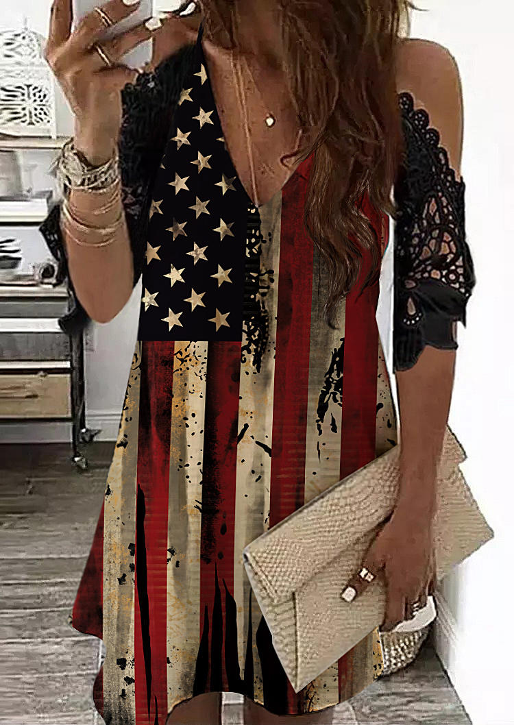 

American Flag Lace Splicing Cold Shoulder Mini Dress, Multicolor, SCM000730