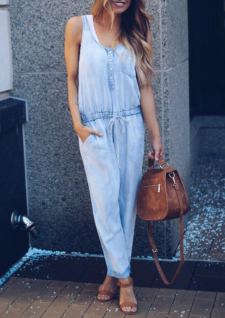 

Pocket Button Drawstring Denim Jumpsuit - Light Blue, 529781