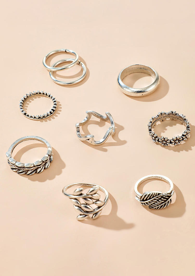 9Pcs Vintage Floral Palm Leaf Wave Ring Set