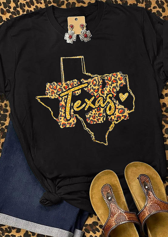 

Texas Leopard O-Neck T-Shirt Tee - Black, 531434
