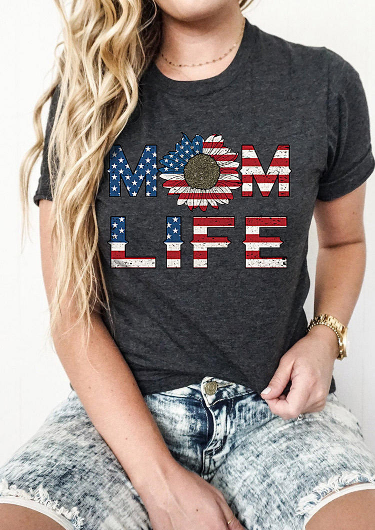 

American Flag Sunflower Mom Life T-Shirt Tee - Dark Grey, 531451
