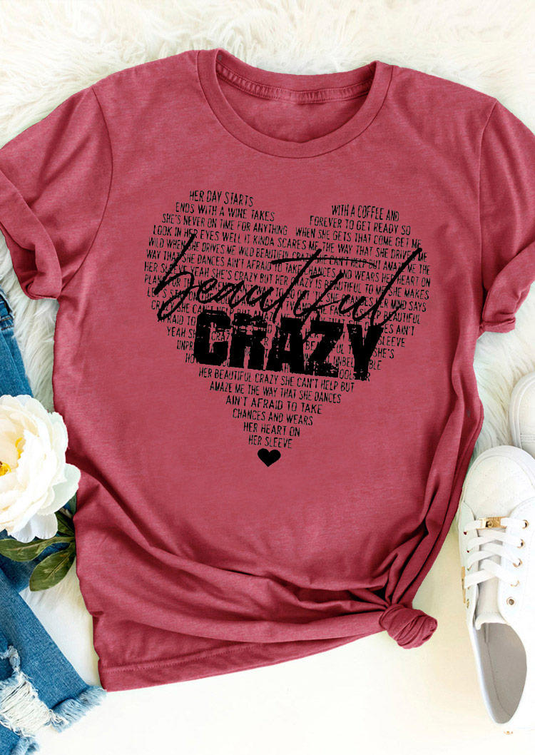 Beautiful Crazy Heart T-Shirt Tee - Brick Red