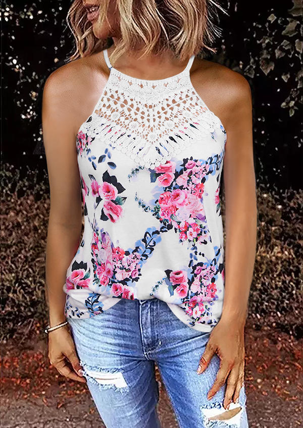 

Floral Lace Splicing Camisole - White, SCM000249