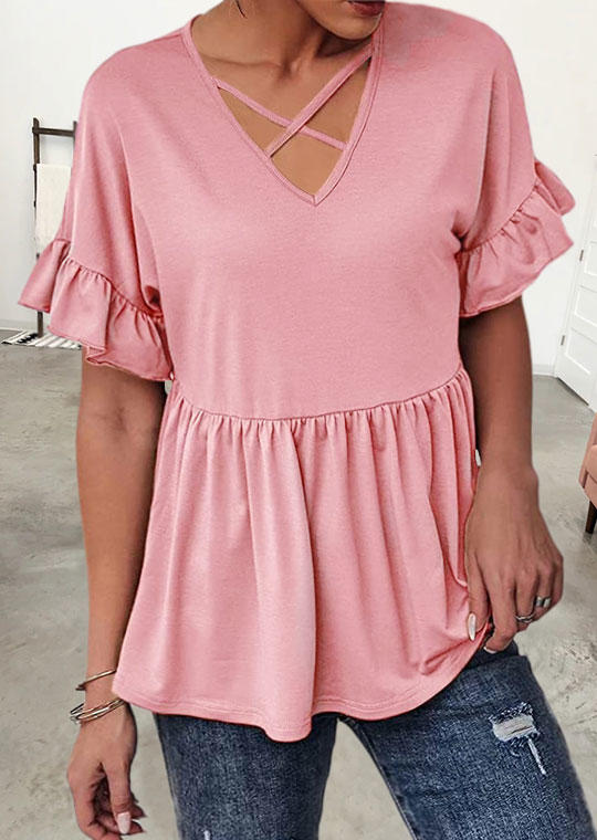 

Criss-Cross Ruffled Short Sleeve Blouse - Pink, 531493