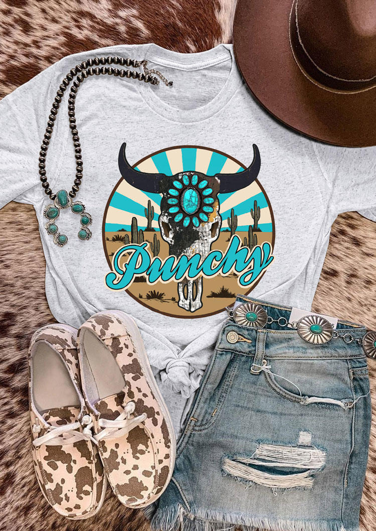 Steer Skull Turquoise Cactus Punchy T-Shirt Tee - Light Grey