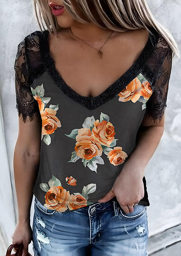 

Lace Splicing Floral Blouse, Multicolor, SCM000161
