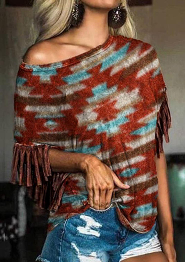 

Aztec Geometric Tassel Blouse, Multicolor, SCM000286