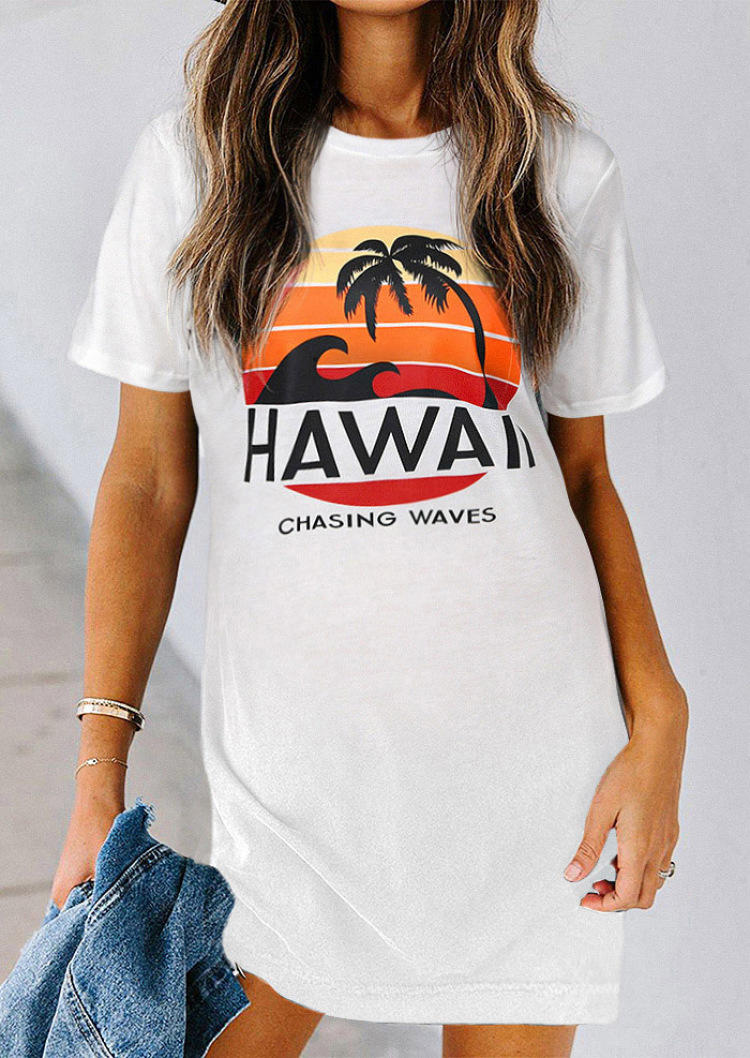 

Hawaii Chasing Waves Coconut Tree Mini Dress - White, SCM000464