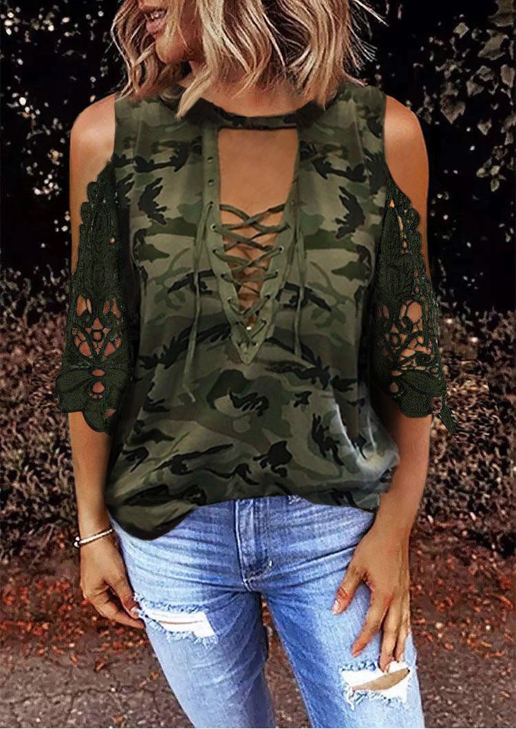 Lace Splicing Camouflage Cold Shoulder Blouse - Army Green