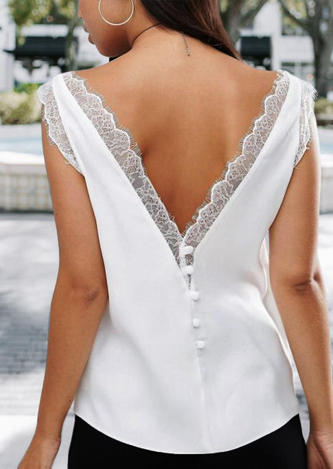 

Lace Splicing Open Back Casual Tank - White, 494416