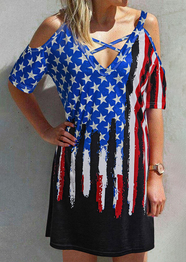 

American Flag Star Criss-Cross Cold Shoulder Mini Dress, Multicolor, 531489
