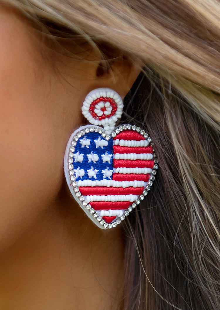 

American Flag Rhinestone Beaded Heart Drop Stud Earrings, Multicolor, 531630