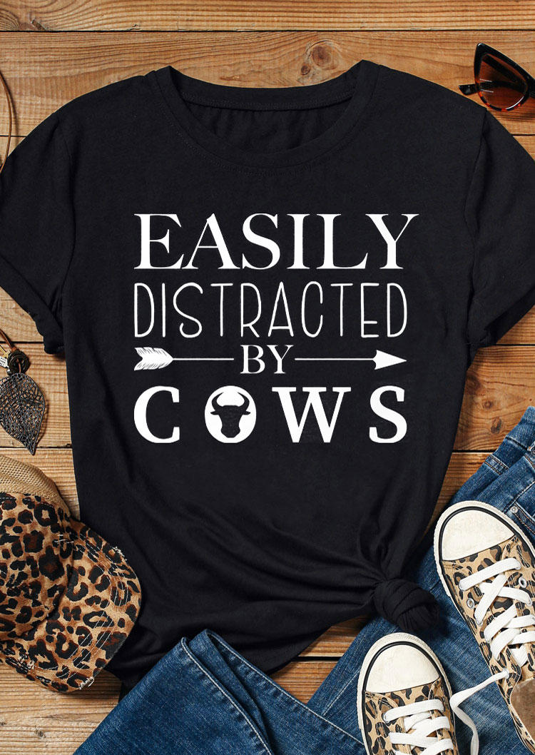 

Easily Distracted By Cows Steer Skull Arrow T-Shirt Tee - Black, 531664