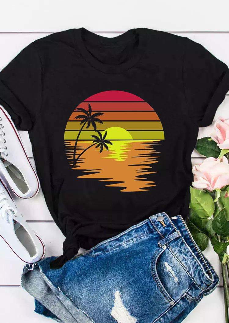 

Sunset Beach Palm Tree T-Shirt Tee - Black, 531674