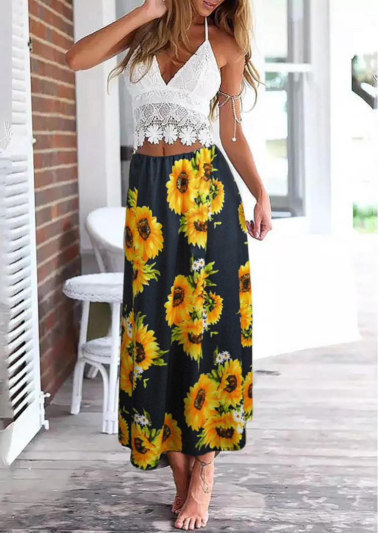 

Lace Halter Open Back Crop Top And Sunflower Long Skirt Outfit, Multicolor, SCM000281