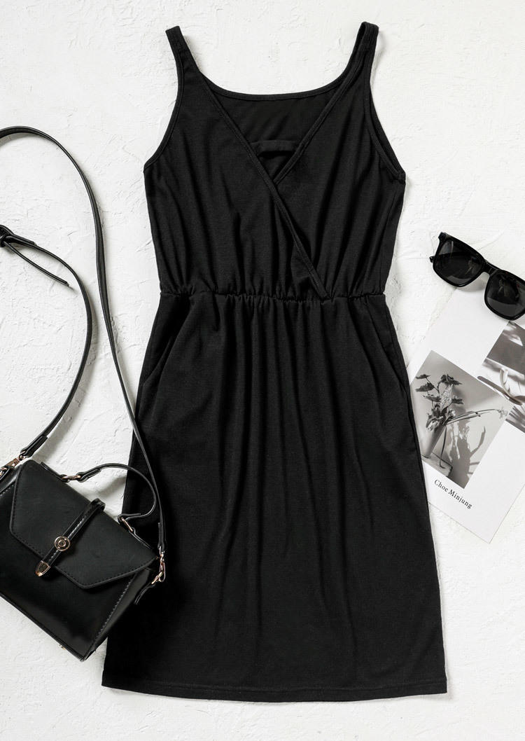 Pocket Wrap Sleeveless Mini Dress - Black