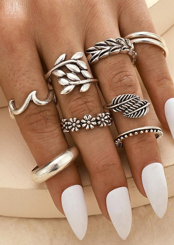 

9Pcs Vintage Floral Palm Leaf Wave Ring Set, Silver, 531408