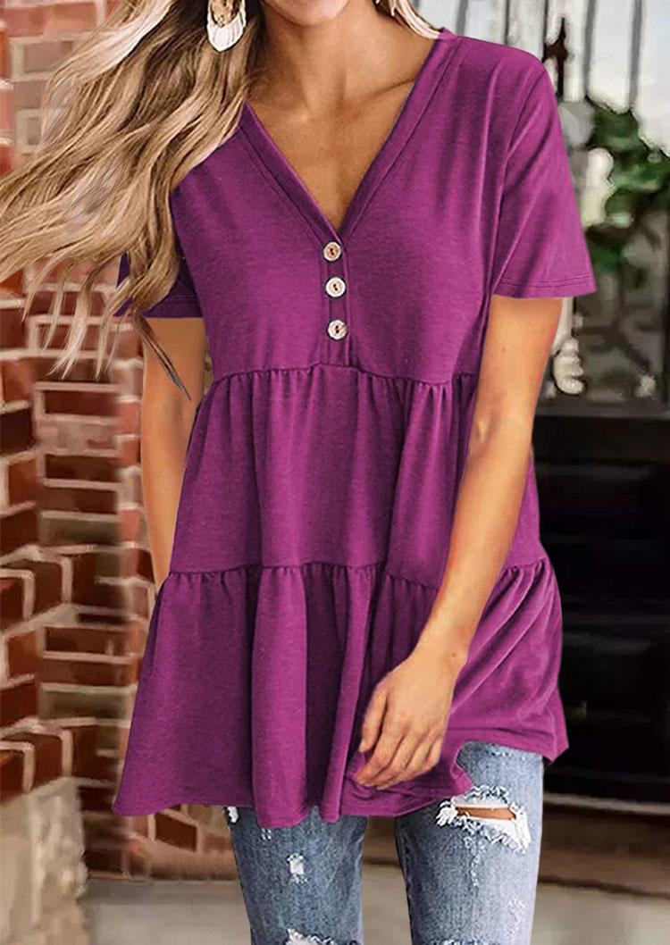 

Button Ruffled V-Neck Blouse - Plum, 531516