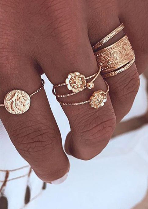 

7Pcs Floral Cat Alloy Ring Set, Gold, 531775