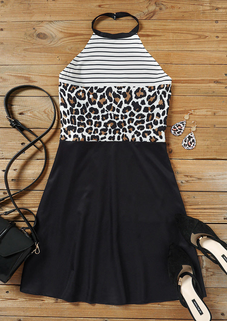Leopard Striped Splicing Mini Dress - Black