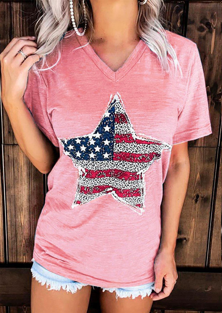 Leopard American Flag Star V-Neck T-Shirt Tee - Pink, SCM000758