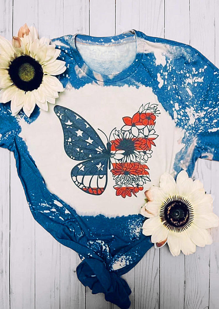 American Flag Butterfly Bleached T-Shirt Tee - Blue, SCM000772