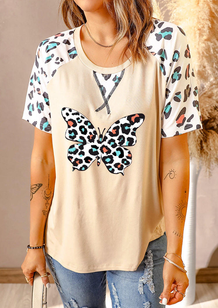 

Leopard Butterfly Short Sleeve Blouse - Apricot, SCM000835