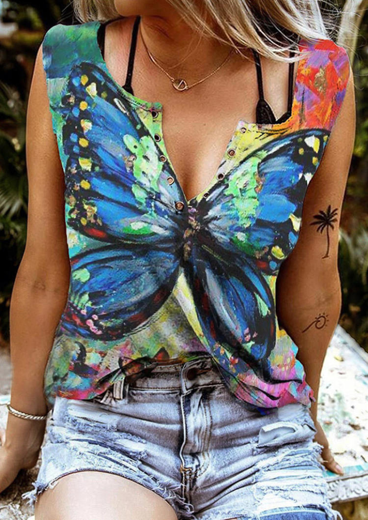 

Tie Dye Butterfly Notched Neck Tank without Camisole - Blue, SCM000861