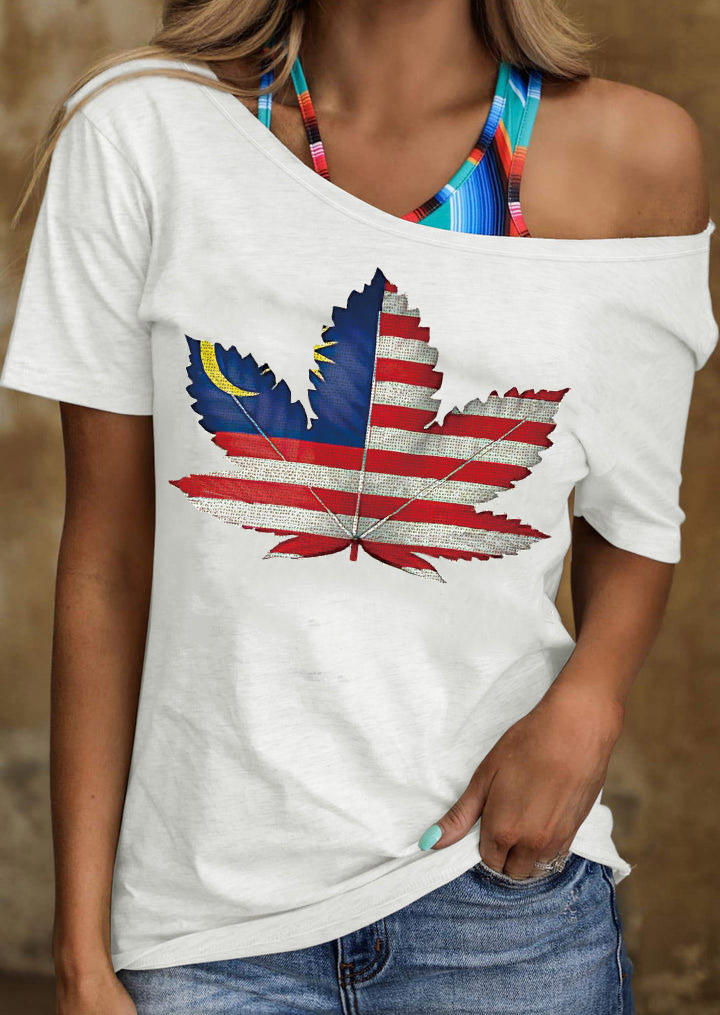 Buy Maple Leaf Striped T-Shirt Tee - White. Picture