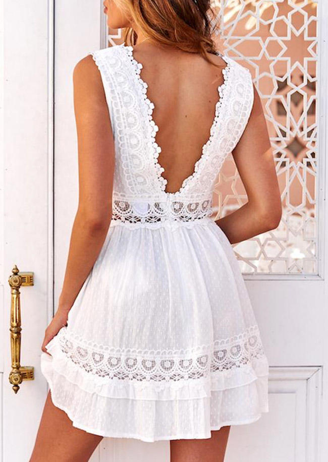 Lace Splicing V-Neck Mini Dress - White
